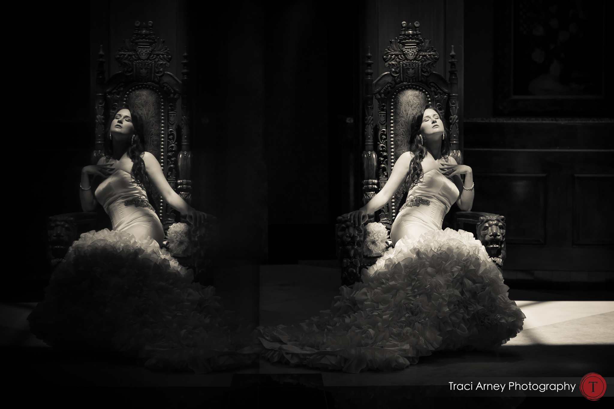 black and white double reflection bridal image in sunlight